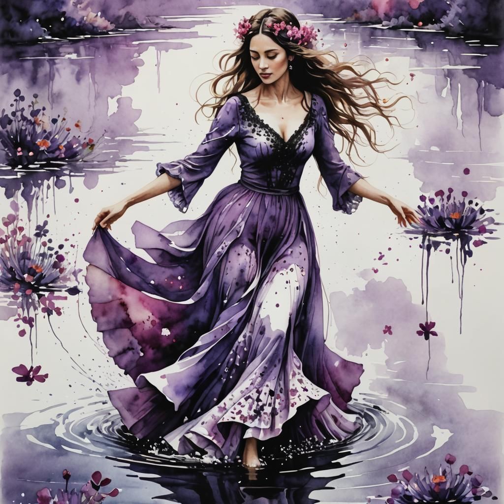Flamenco Dancer in Violet Lake: Watercolor Line Art
