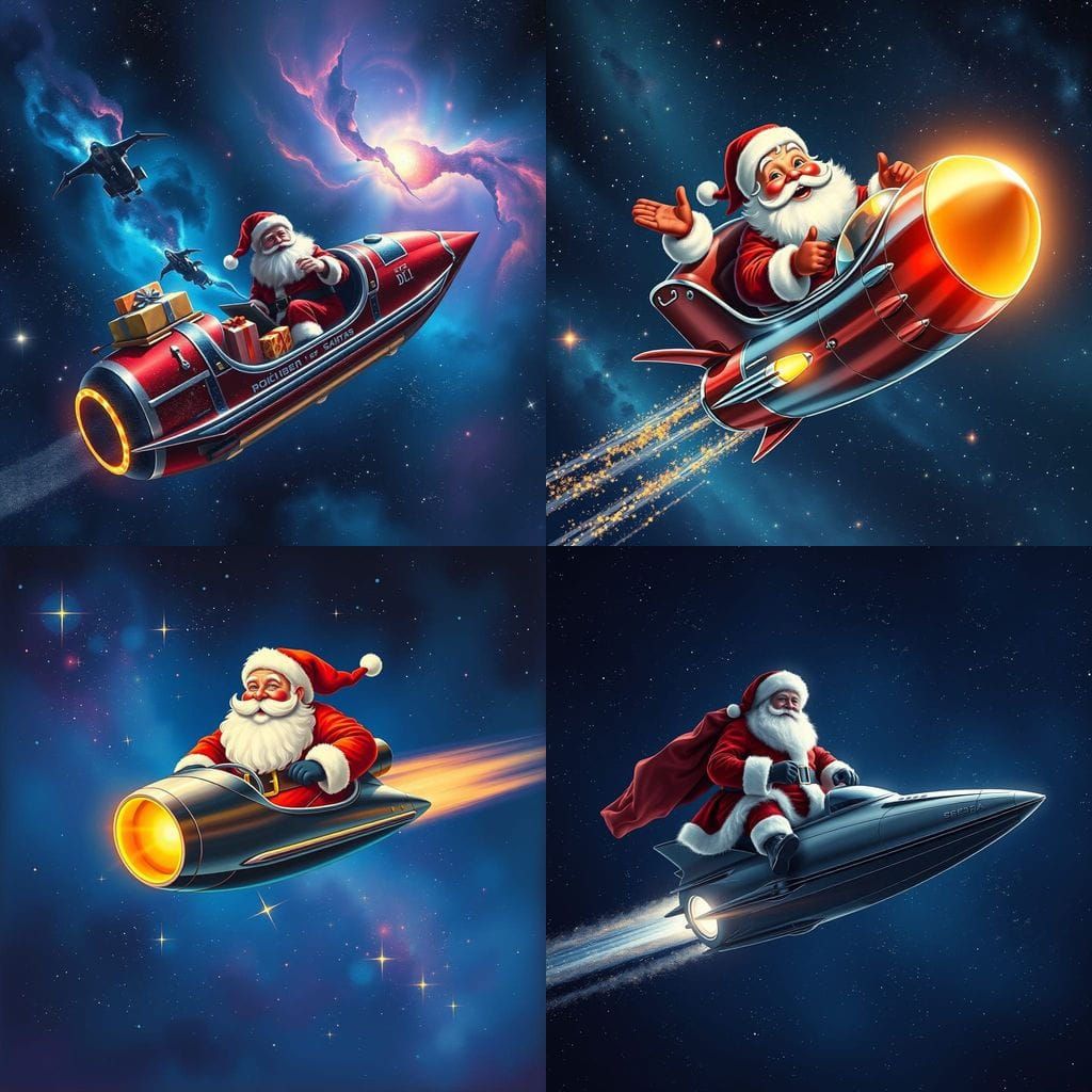 Santa Claus flies on a Spaceship