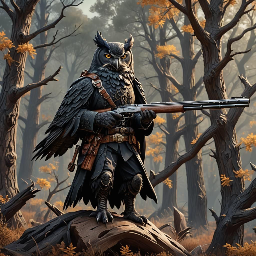 Great Horned Owl Cowboy with Rifle, Detailed Digital Art