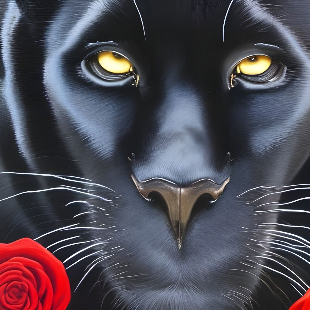 Black Panther with Roses as Oil Painting