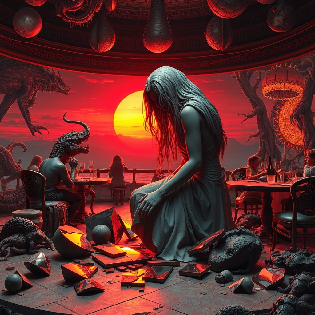 Sunset Sculpture with Cracked Mirrors in Bio Art Style