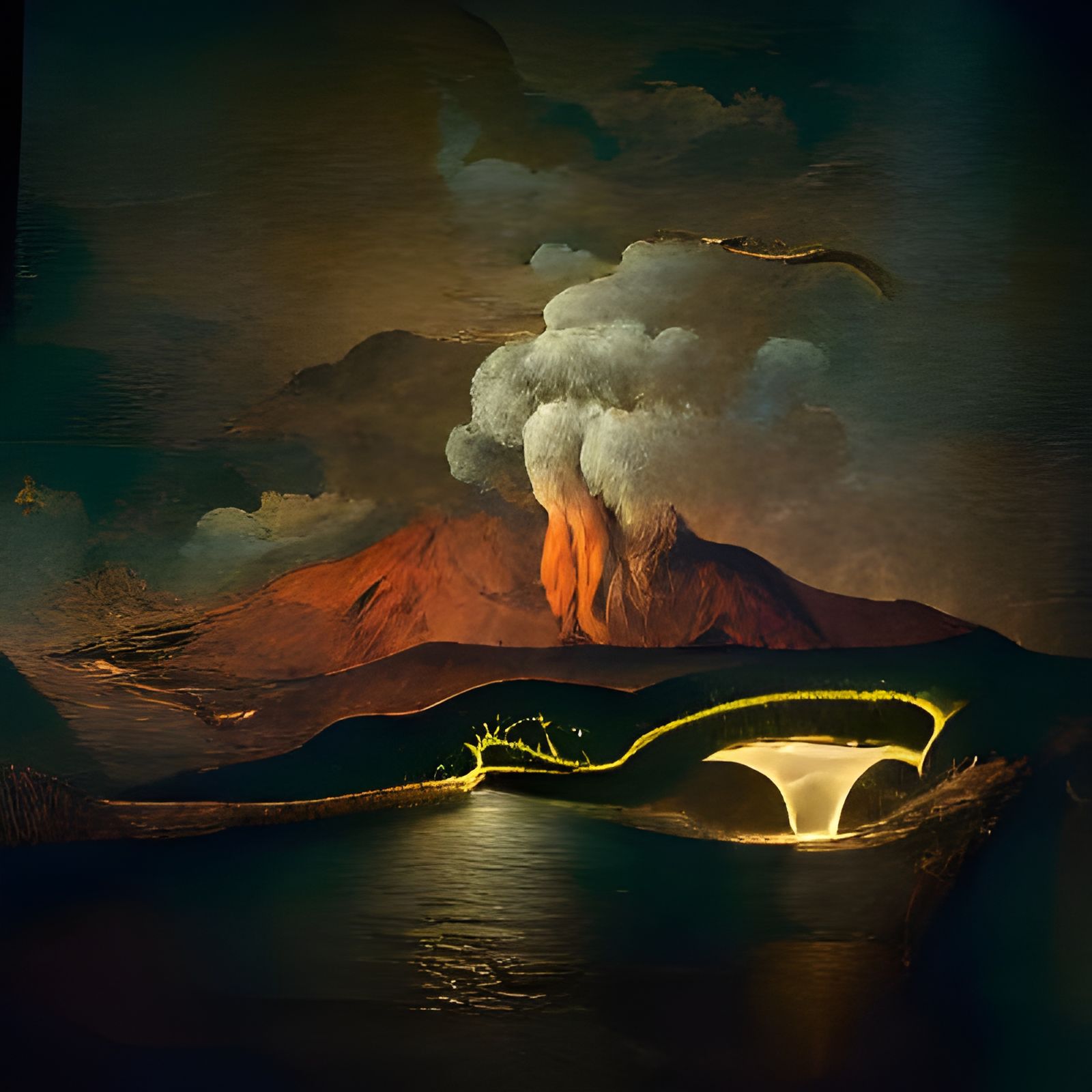 Volcano Eruption Landscape Painting in 1700s Style
