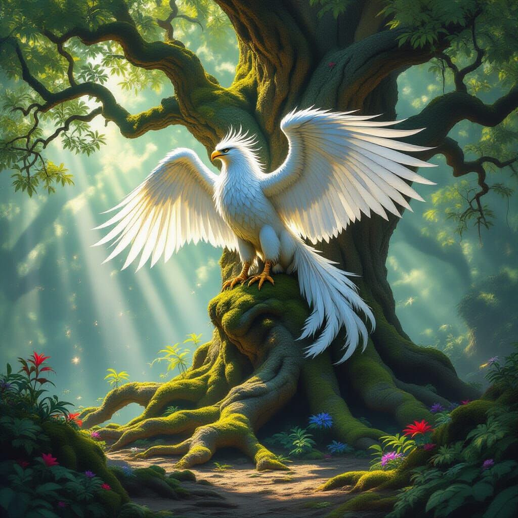 Majestic Griffin Perched on Ancient Tree in Hidden Glade