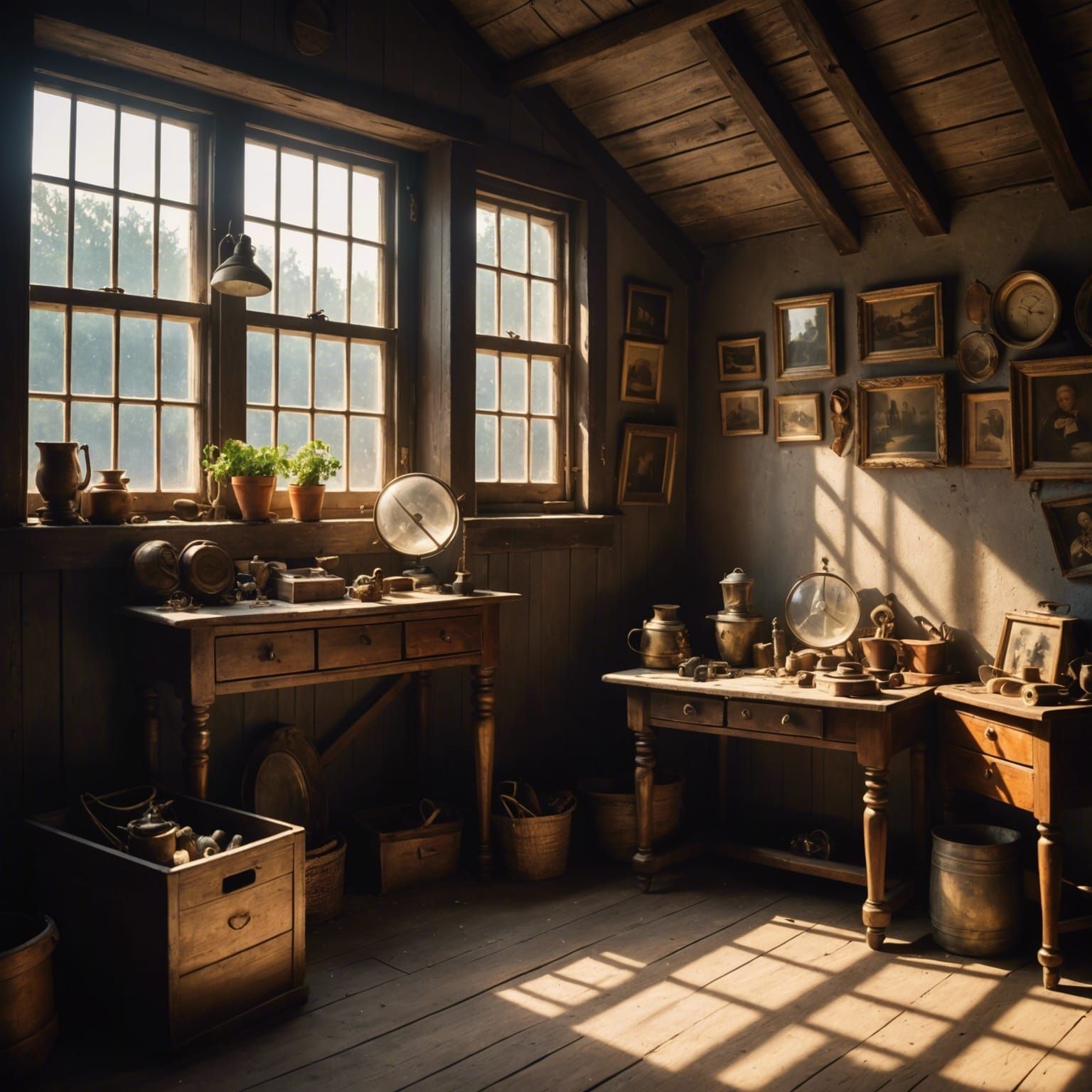Sunbeams Illuminate a Dusty Attic of Antiques
