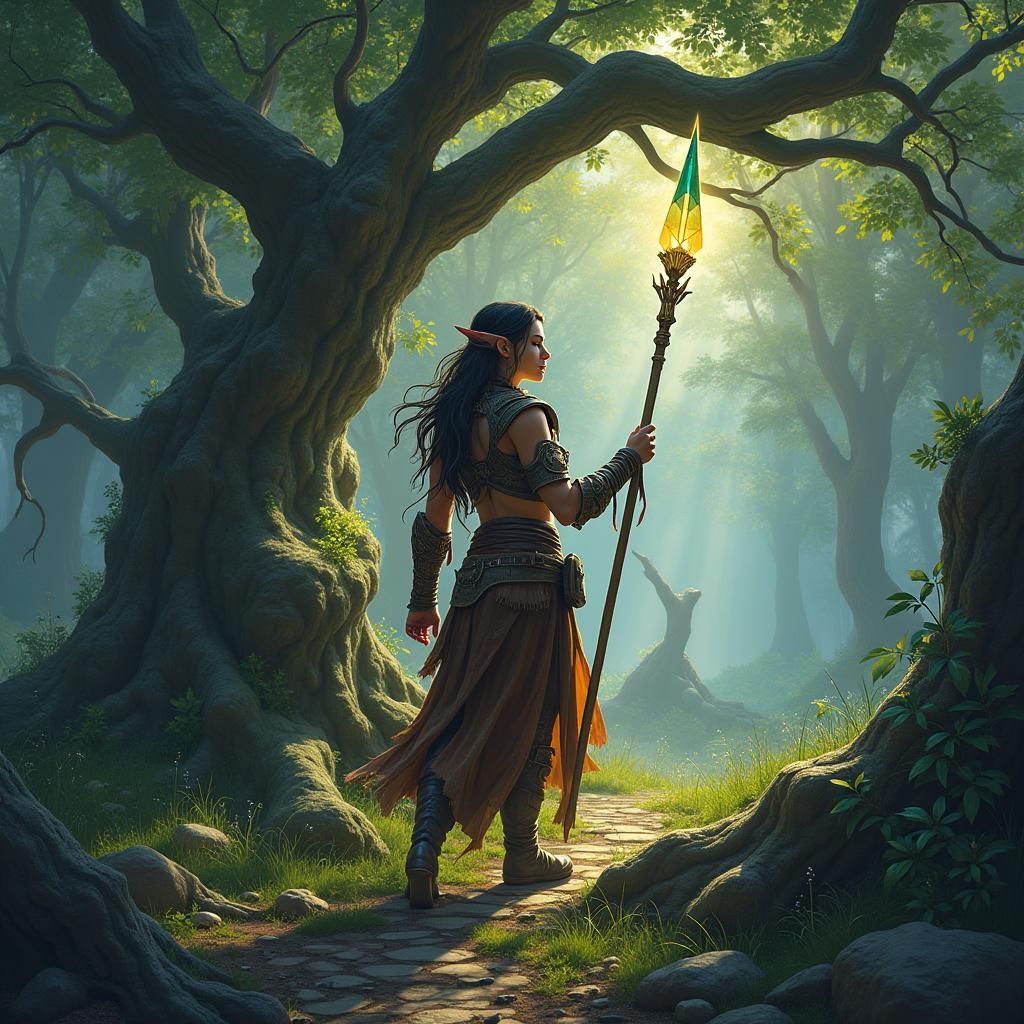 Forest Elf Warrior in Mystical Landscape