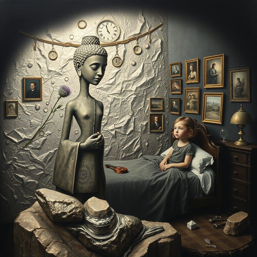 Surrealist Masterpiece: Time, Thistles, and Dreamlike Citysc...