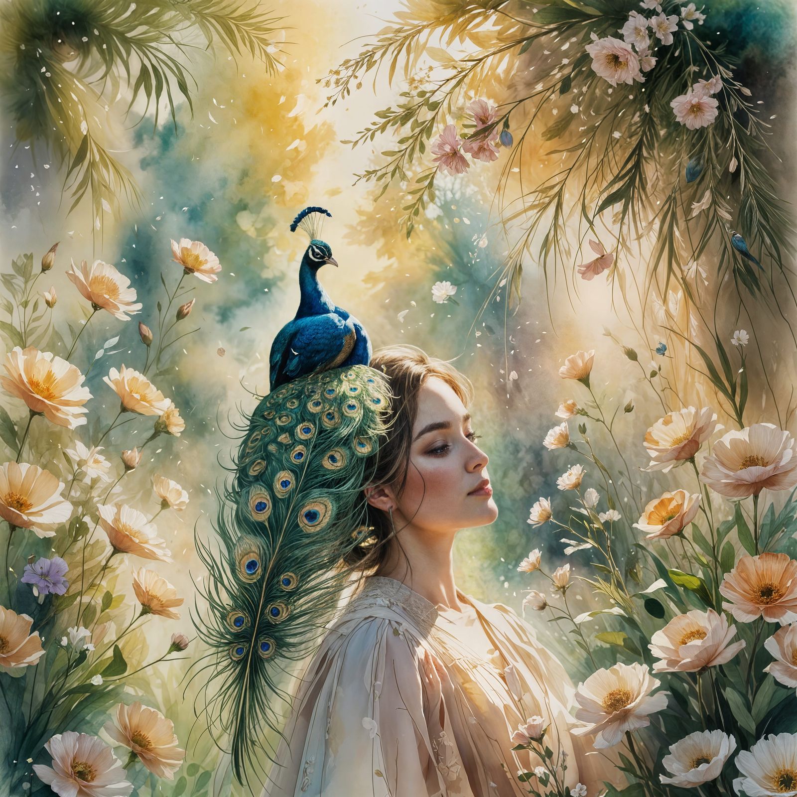 Peacock Feather in Dreamlike Dawn Garden