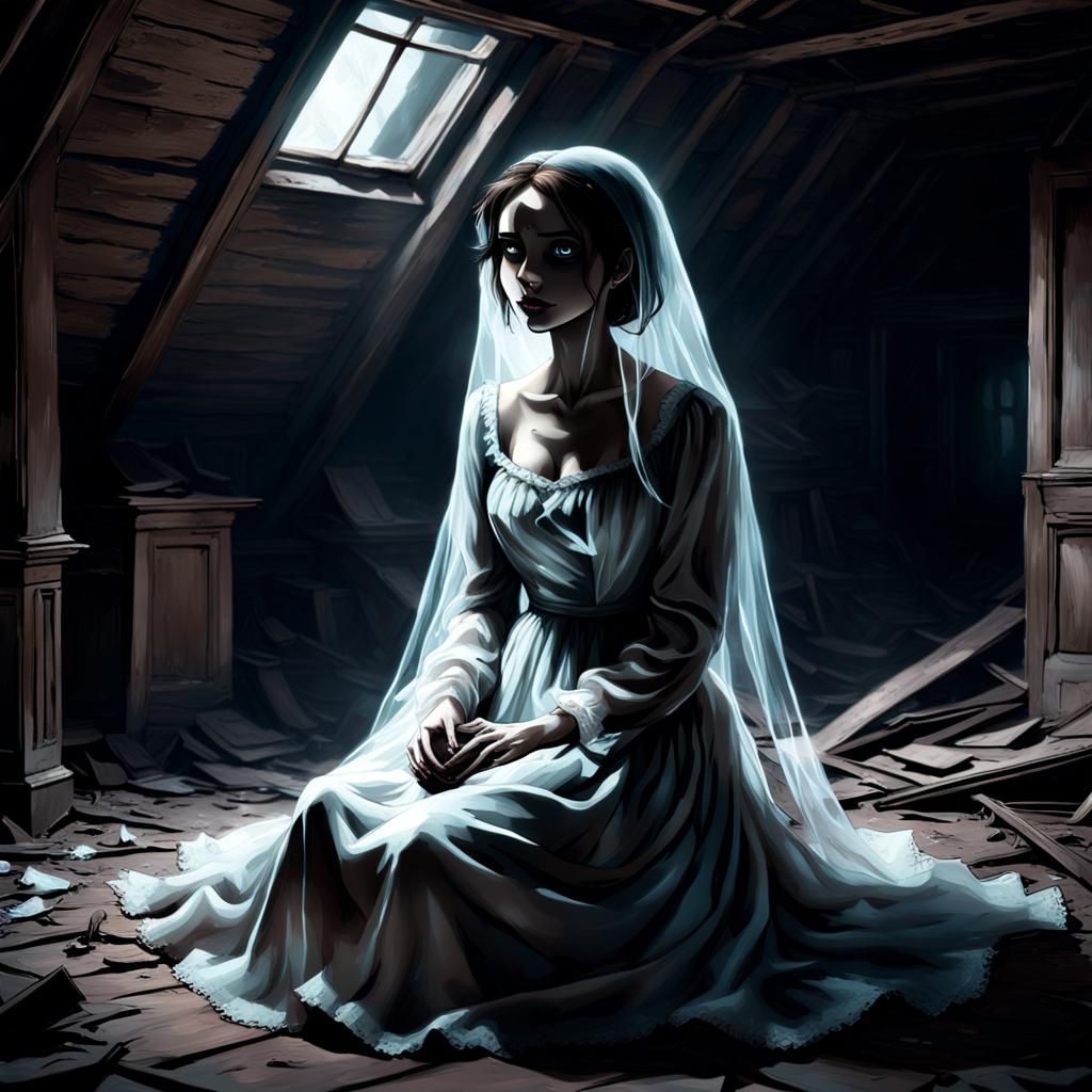 Lonely Ghost Girl in Dilapidated Mansion Attic