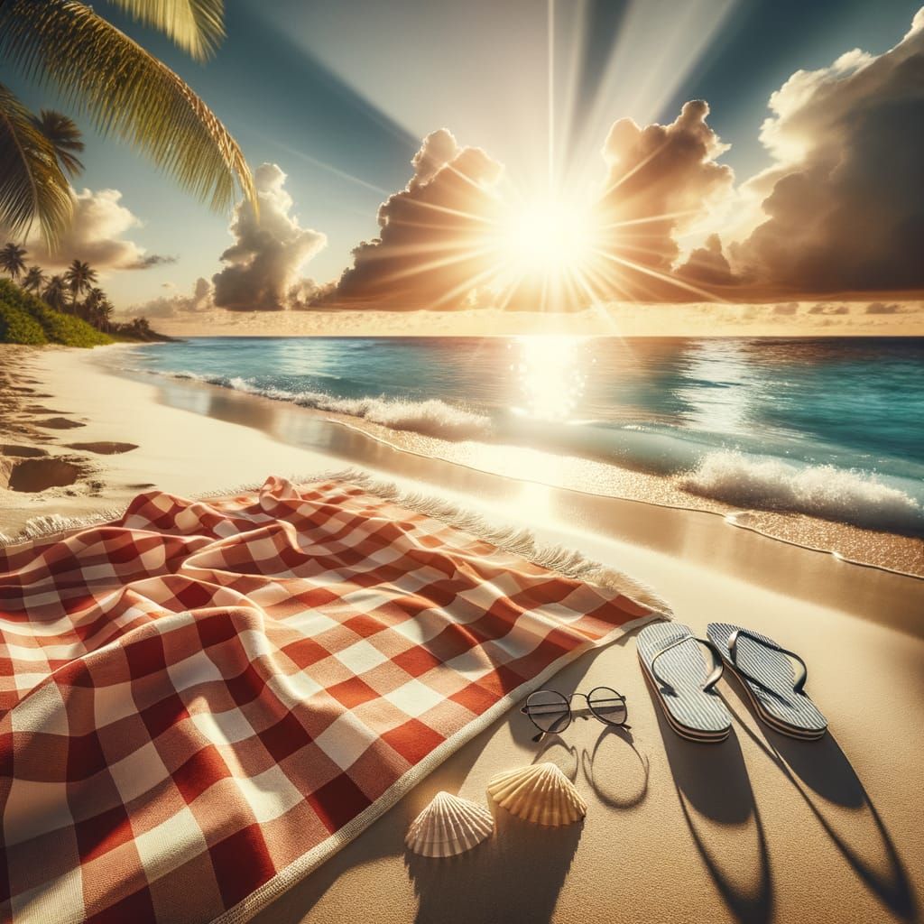 Serene Gingham Beach Scene in Warm Colors