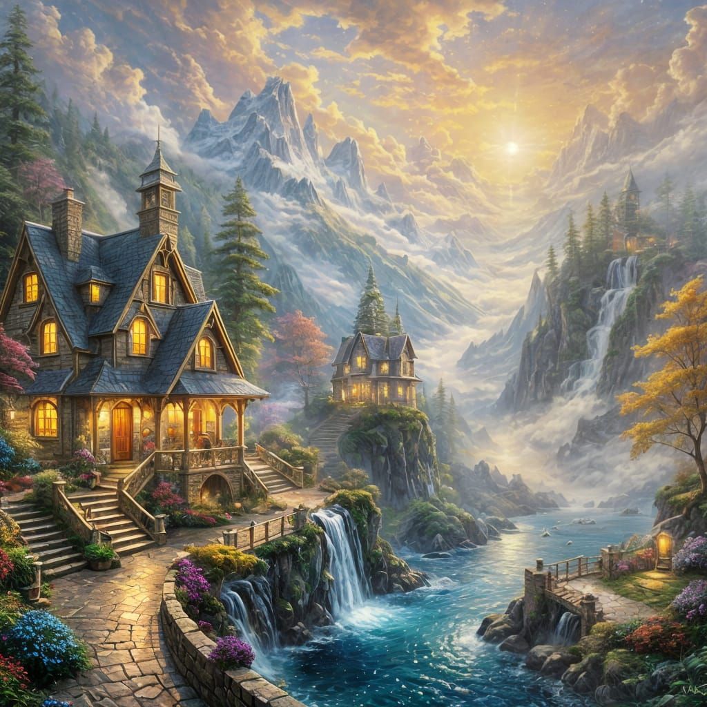 Whimsical Space Village Under Ethereal Mists