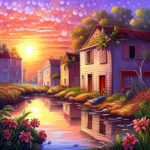 Deserted Town Embraced by Nature in Hyperdetailed Realism