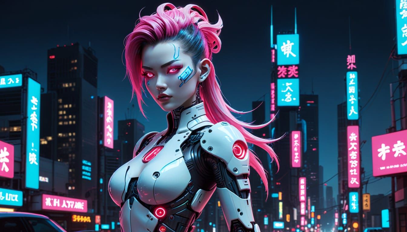 Gynoid Pinup in Cyberpunk Cityscape with Electric Eyes