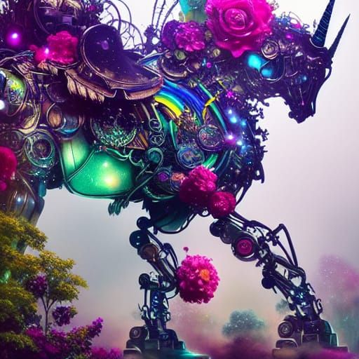 Mechanical Unicorn Titan in Rose Garden