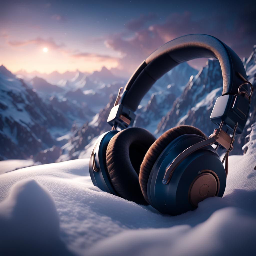 Headphones on Snowy Mountain at Night: Matte Painting