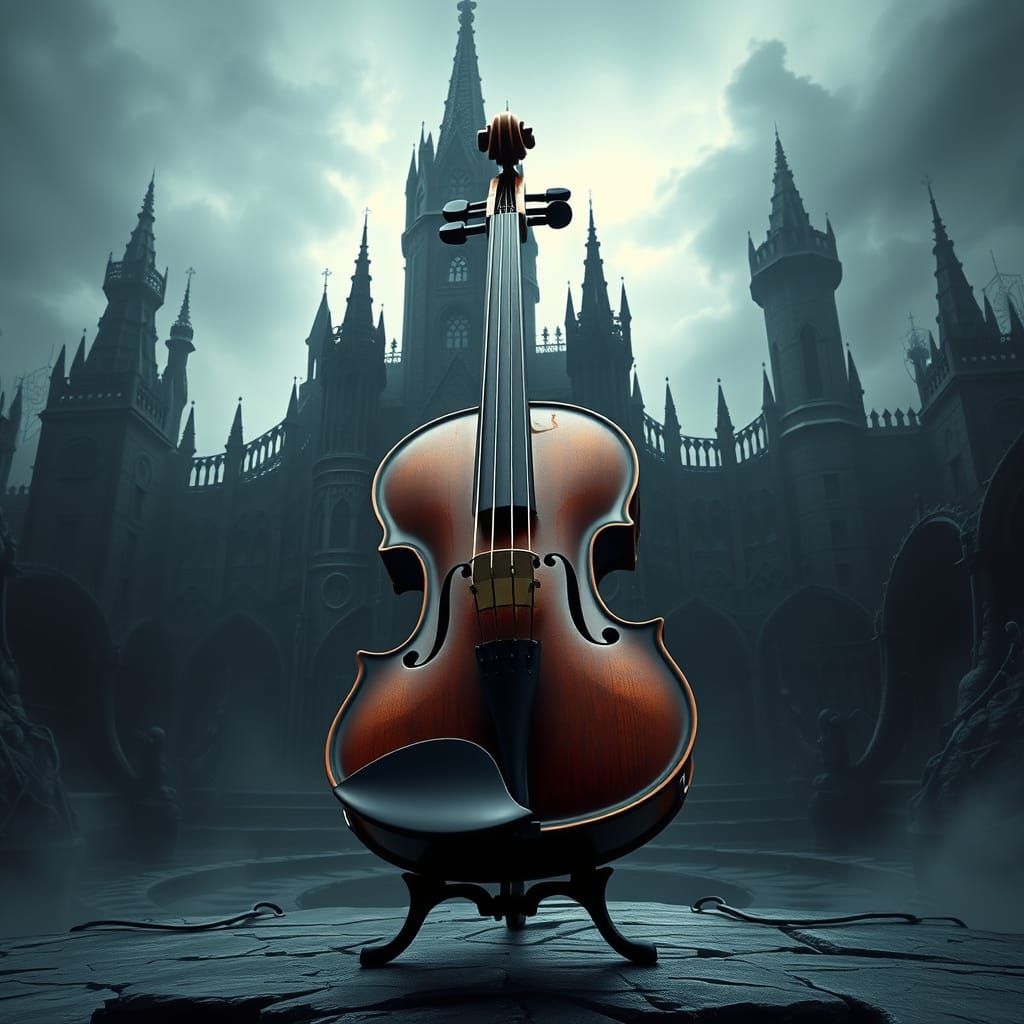 Ethereal Violin Amidst Dark Castle Ruins in Cyberpunk Digita...