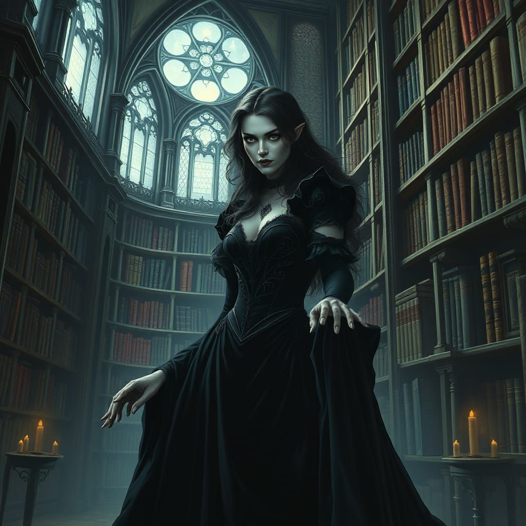 Vampire Queen in Gothic Library, Dark Fantasy Art