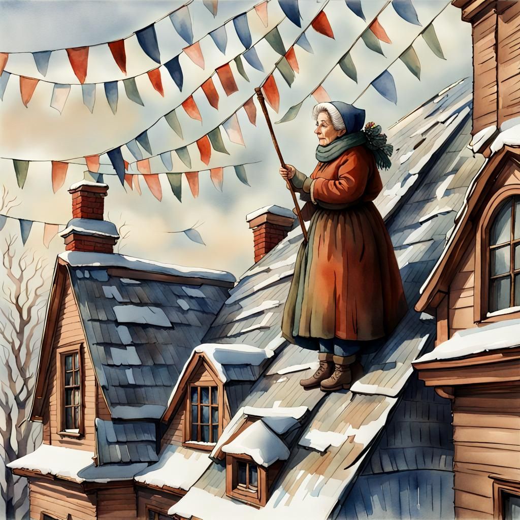 Festive Old Woman on Victorian House Roof