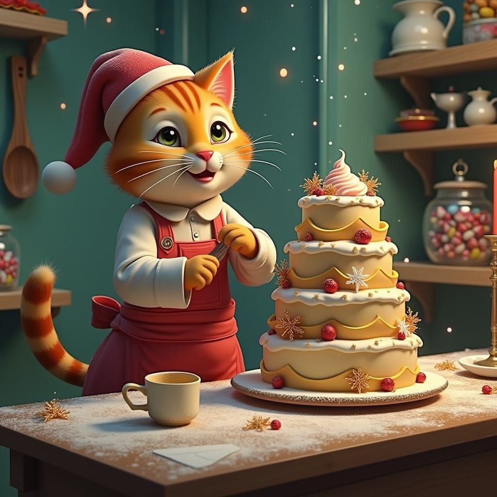 Whimsical Tabby Cat Bakes a Majestic Christmas Cake