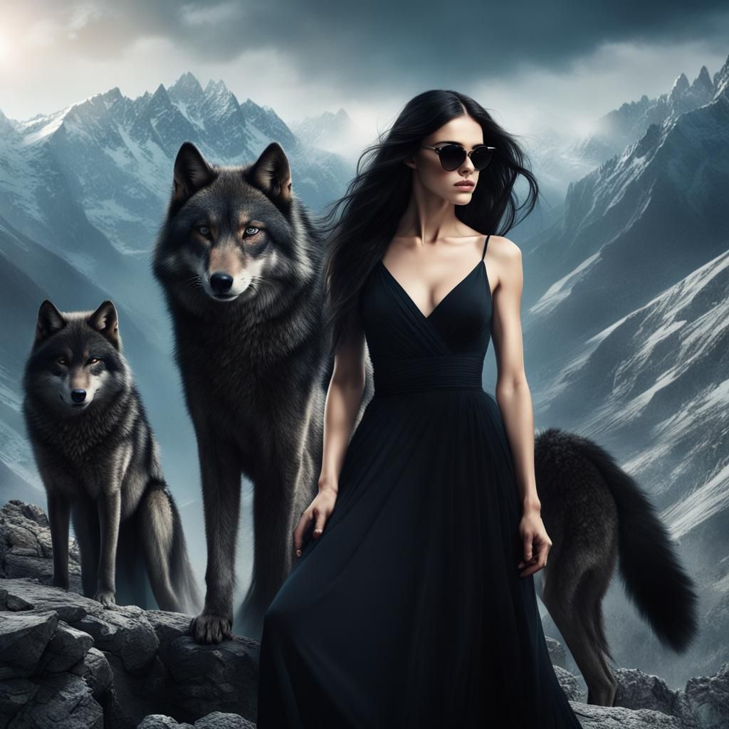 Striking Woman with Wolves in Mountain Landscape