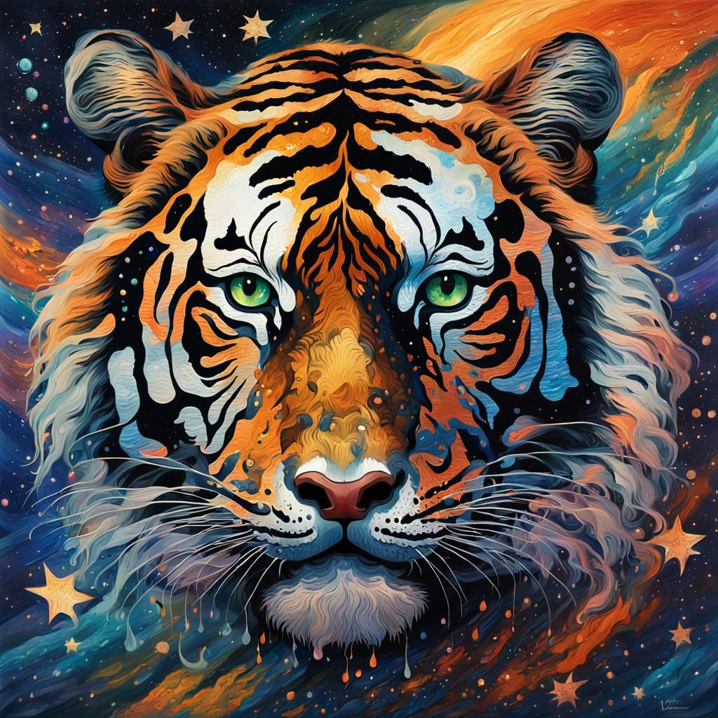 Tiger Silhouette with Galaxy Reflection, Impasto Painting