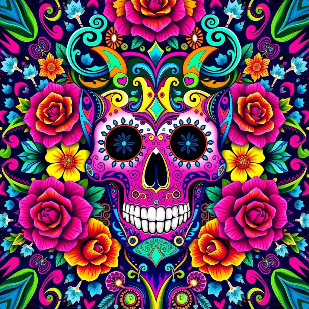 Ornate Sugar Skull in Psychedelic Pop Art
