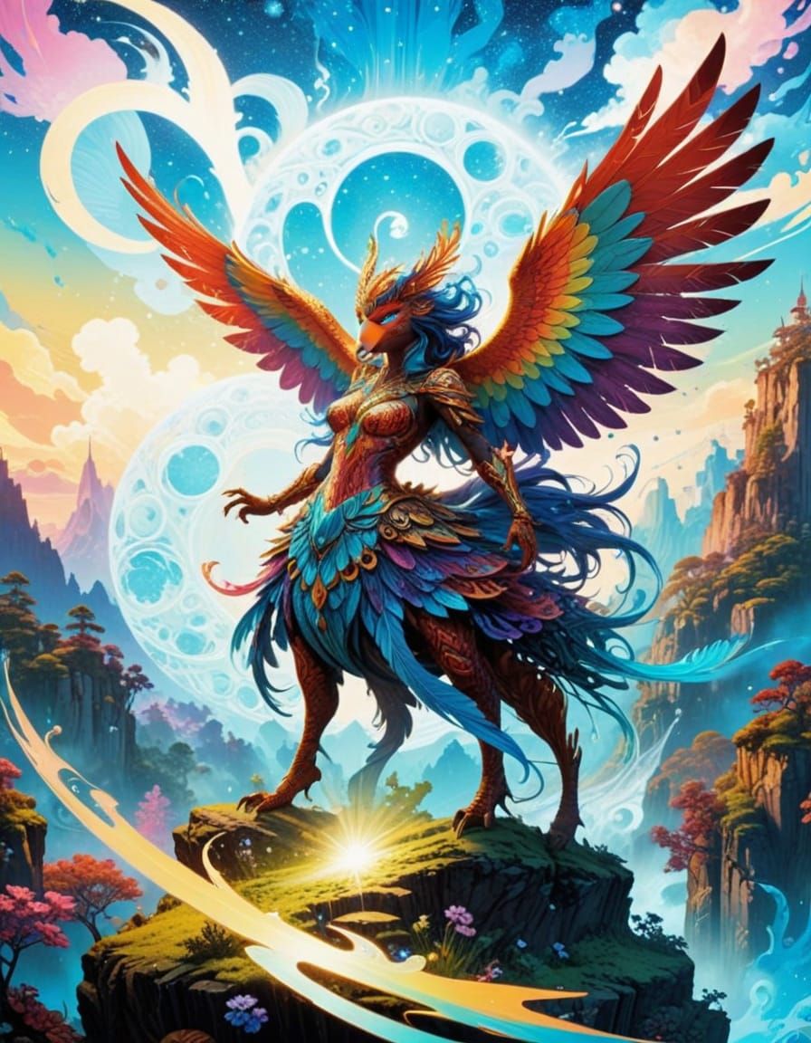 Ethereal Avian Goddess in Vibrant Comic Book Style