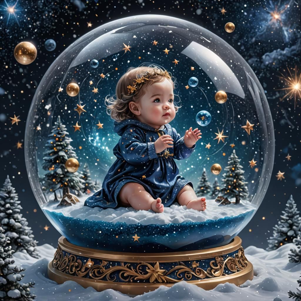 Cosmic Snow Globe with Baby Girl in Space