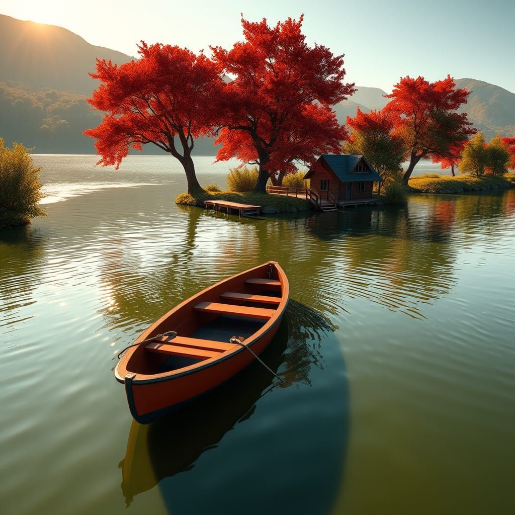 Serene River Landscape with Rowboat and Cabin