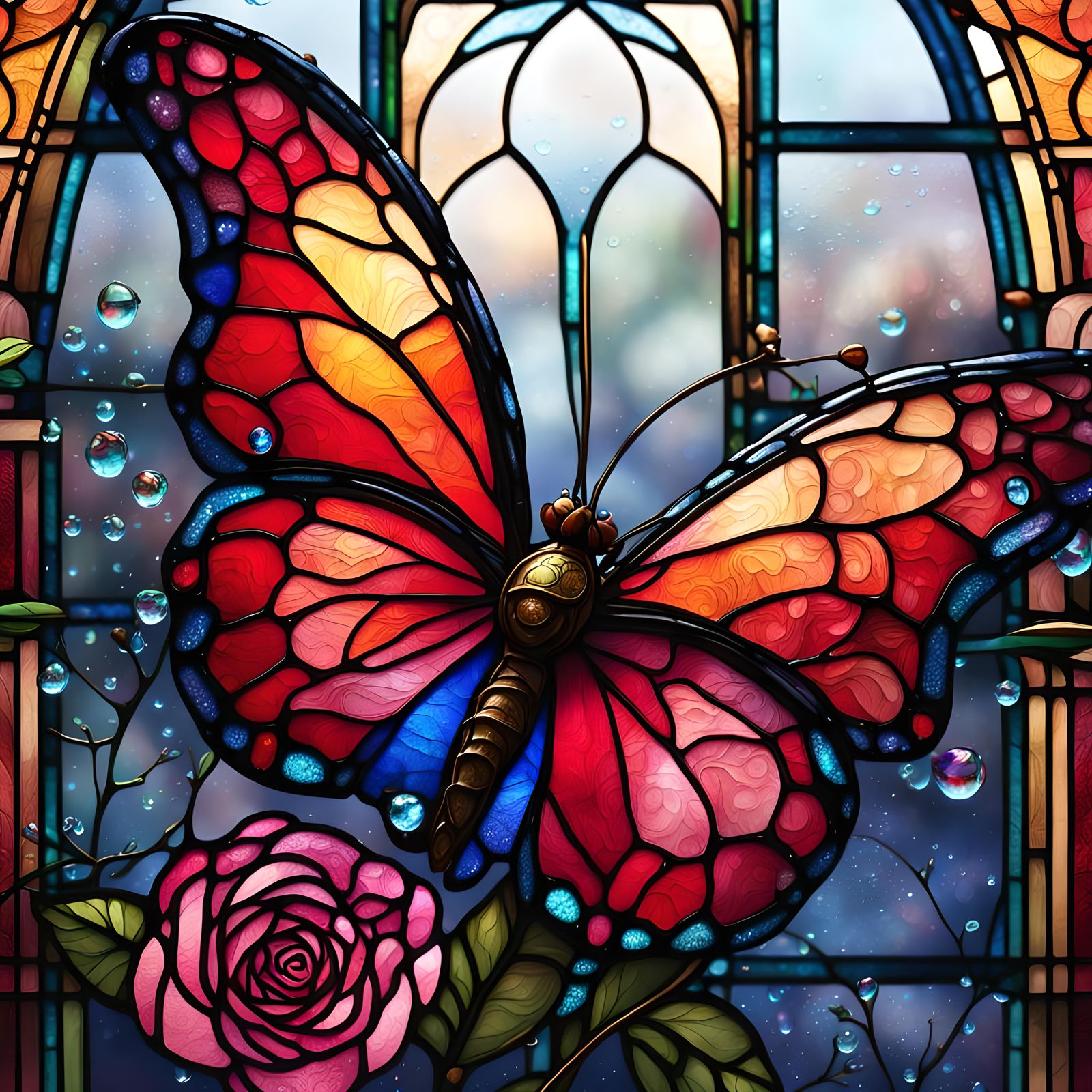 Stained Glass Butterfly on Dewy Rose