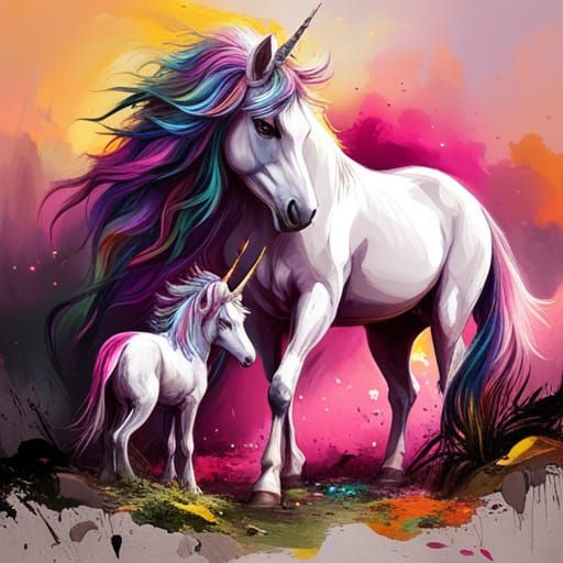 Colorful Unicorn Mother and Baby, Splash Art Style