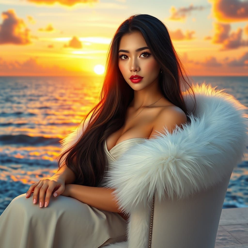 Elegant Woman on Cloud-Like Armchair Amidst Sunset Ocean
