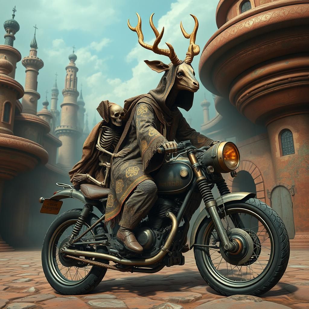 Scarecrow Antelope Rides Biomechanical Motorcycle in Dreamsc...