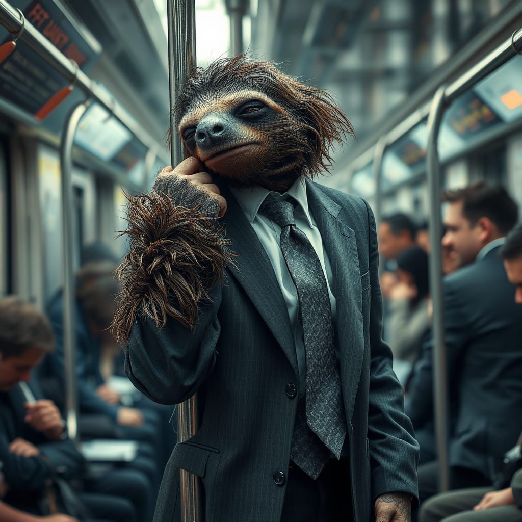 Weary Business Sloth on Rush Hour Subway