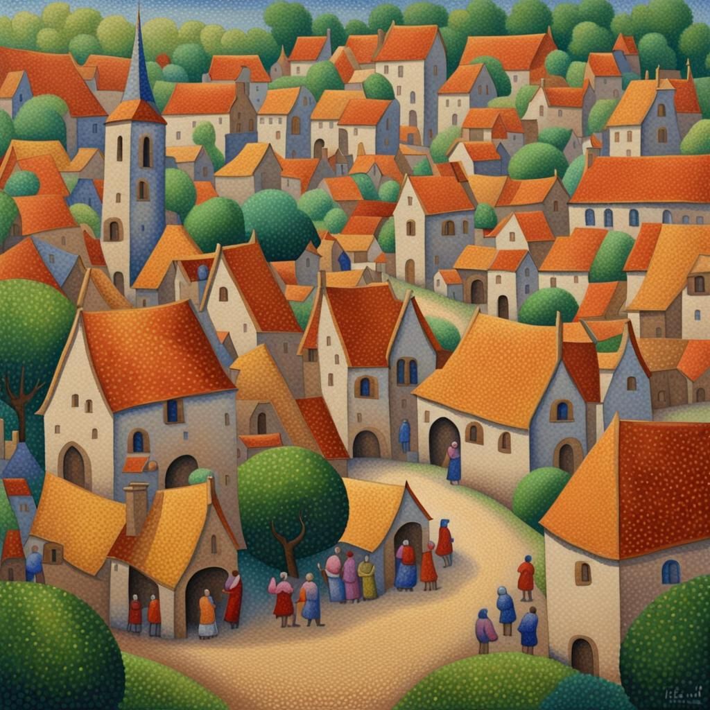 Pointillist Medieval Village Festival: Celebration in Art