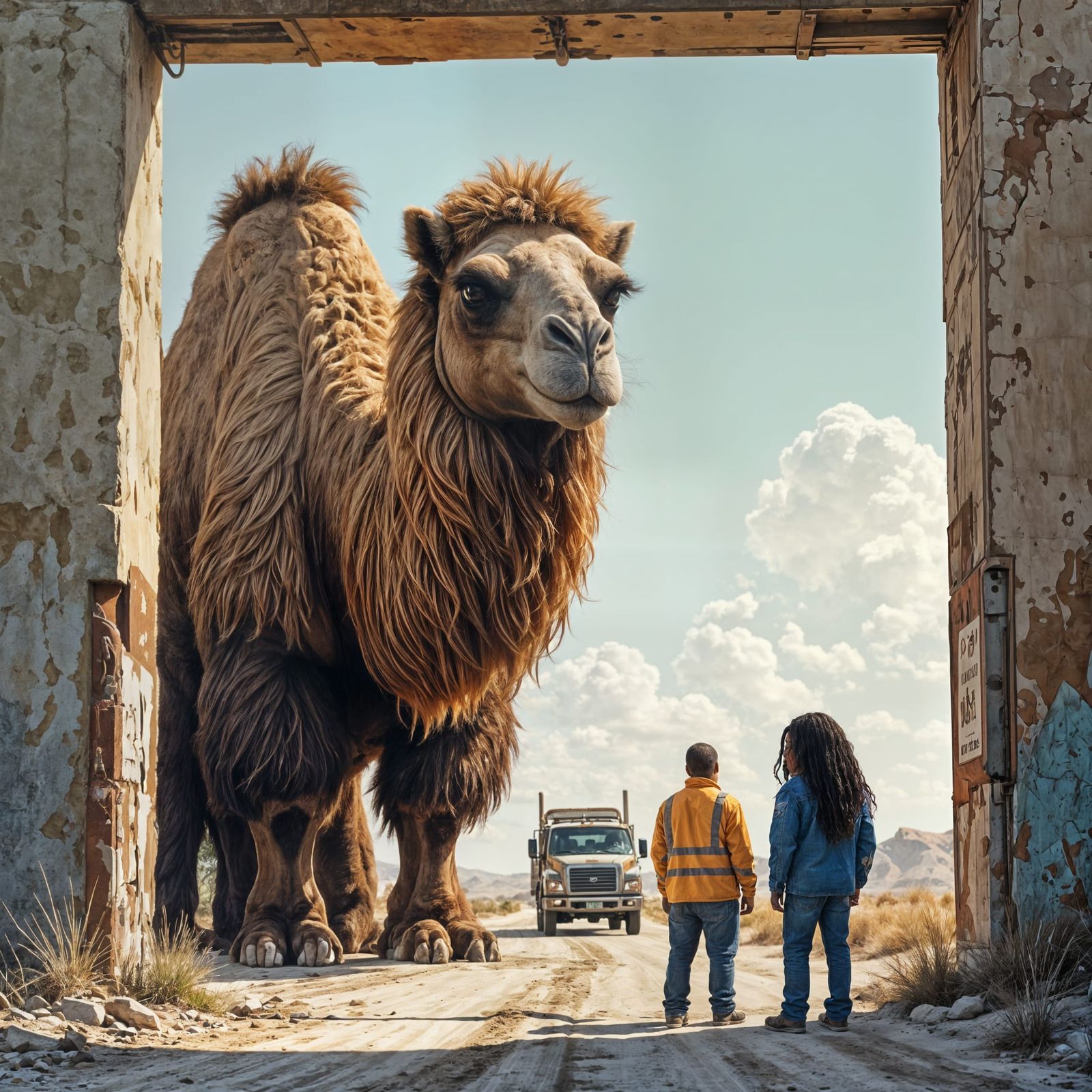 Stern Camel Stares Down Truck Drivers