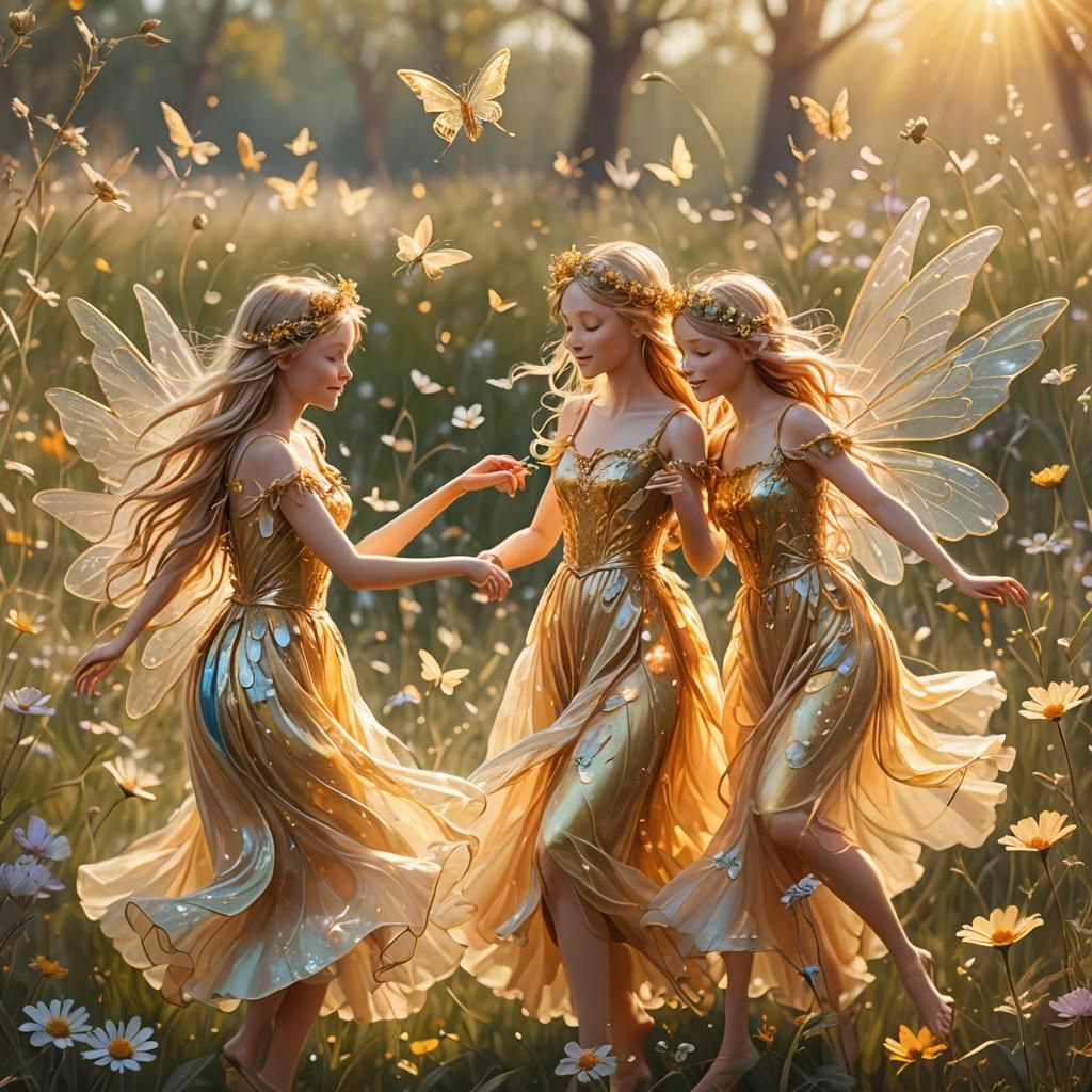 Golden Fairies Dancing in Sunlit Meadow