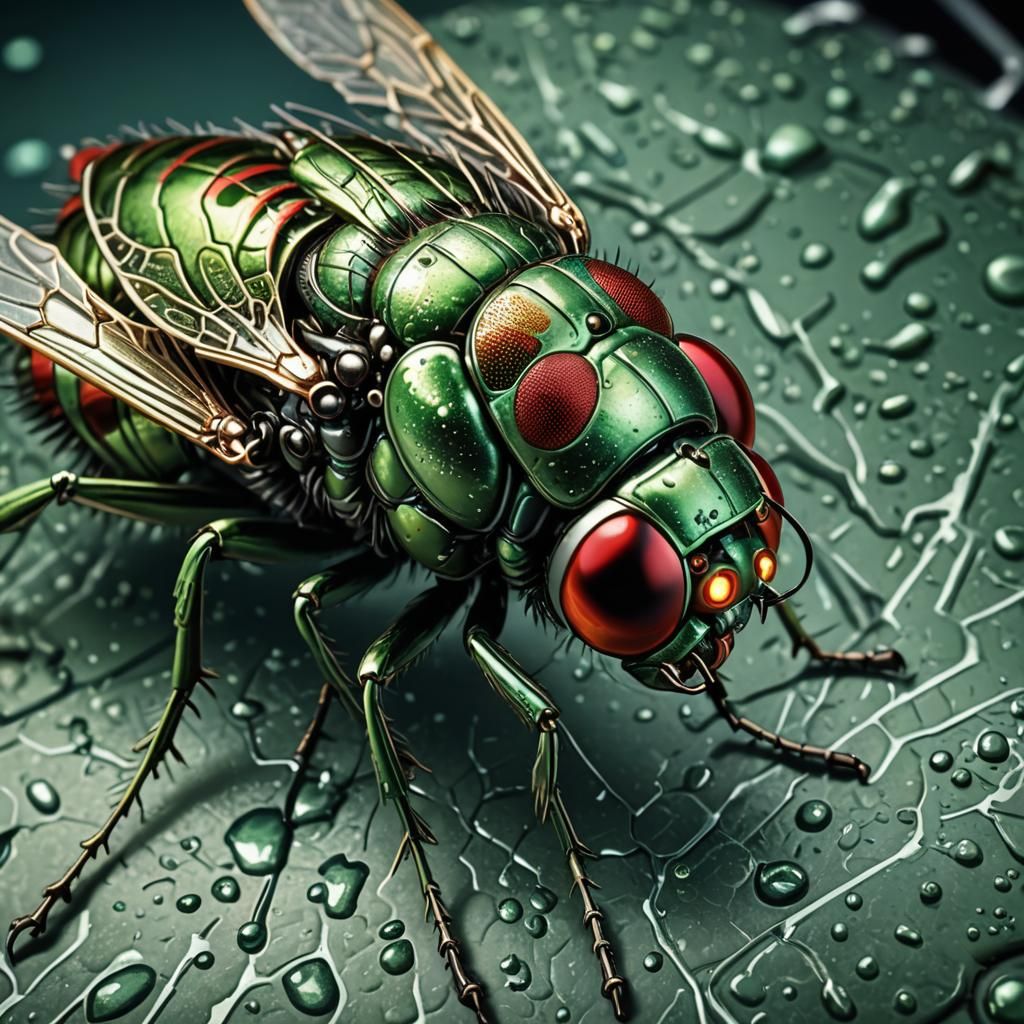 Metallic Fly with Red Eyes in Comic Book Art