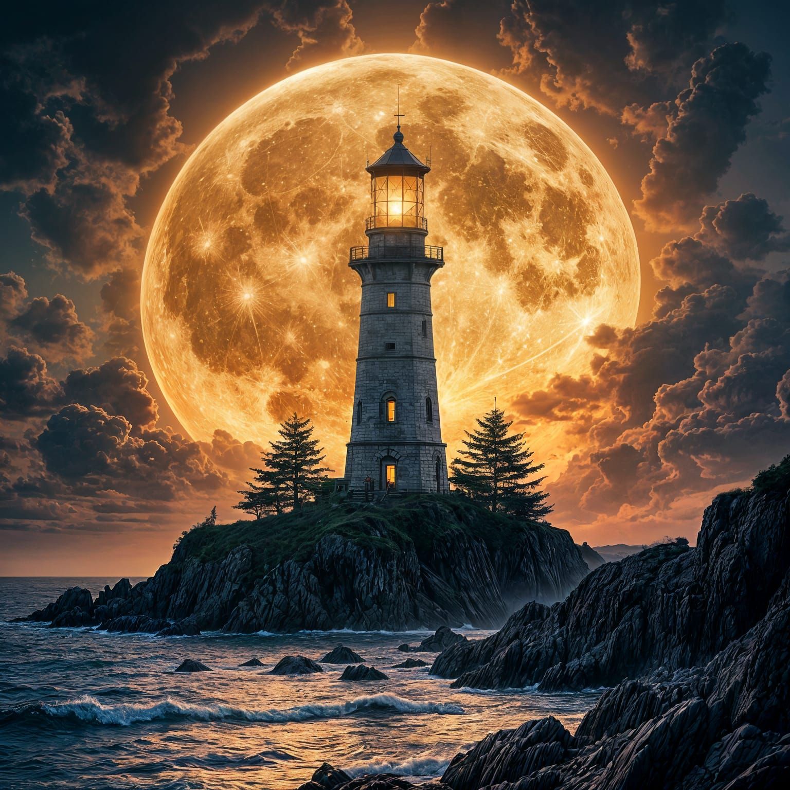 Majestic Lighthouse Illuminated by a Full Moon in a Dramatic...