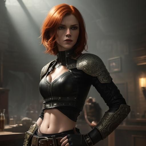 Fierce Redhead Rogue in Detailed Tavern Scene