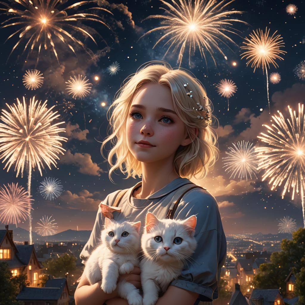 Girl with Cat Watching Fireworks, Digital Painting