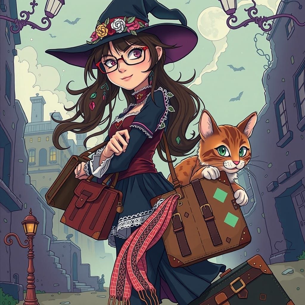 Whimsical Witch and Feline Friend Embark on a Moody Gothic A...