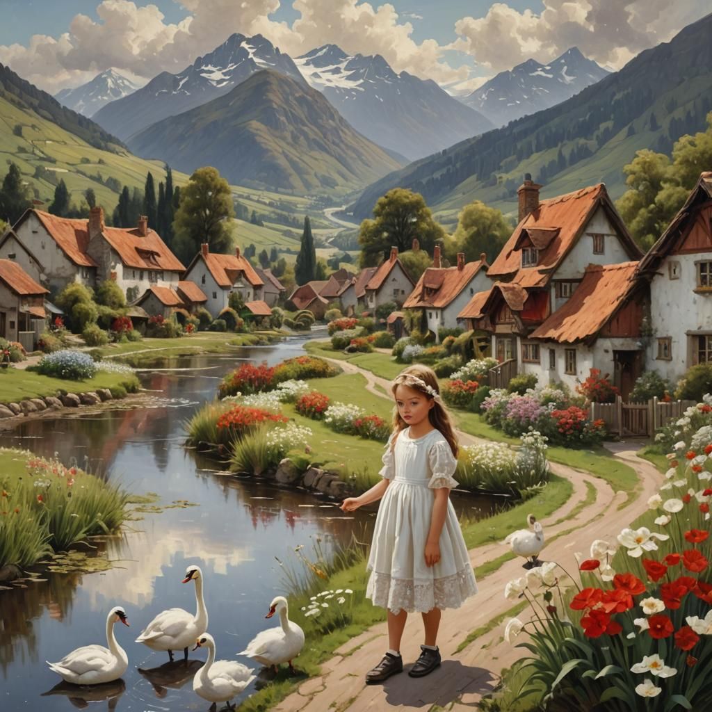 Girl Feeding Swans in Picturesque Village, Oil Painting