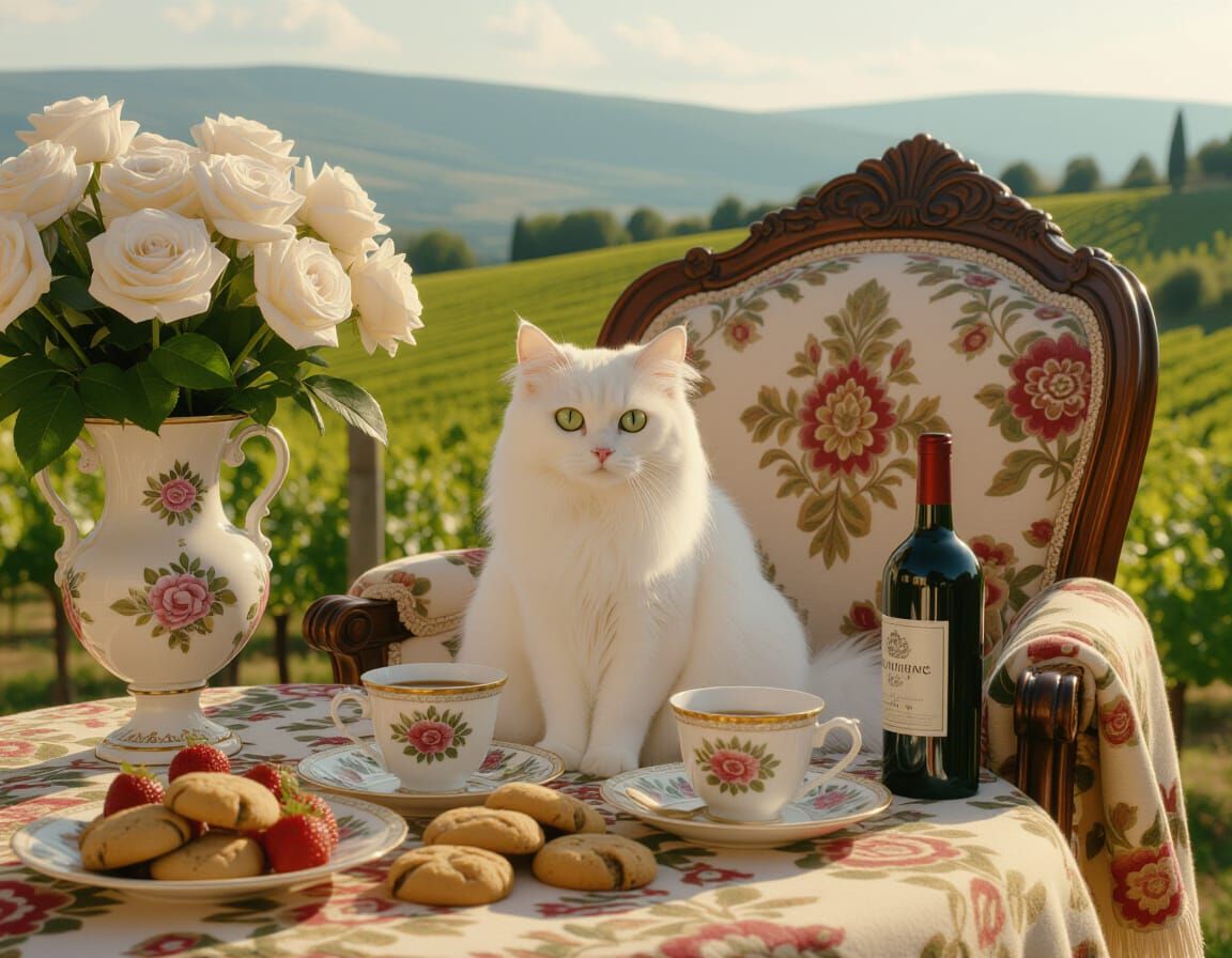 Italian Vista: White Cat Among Vintage Treasures