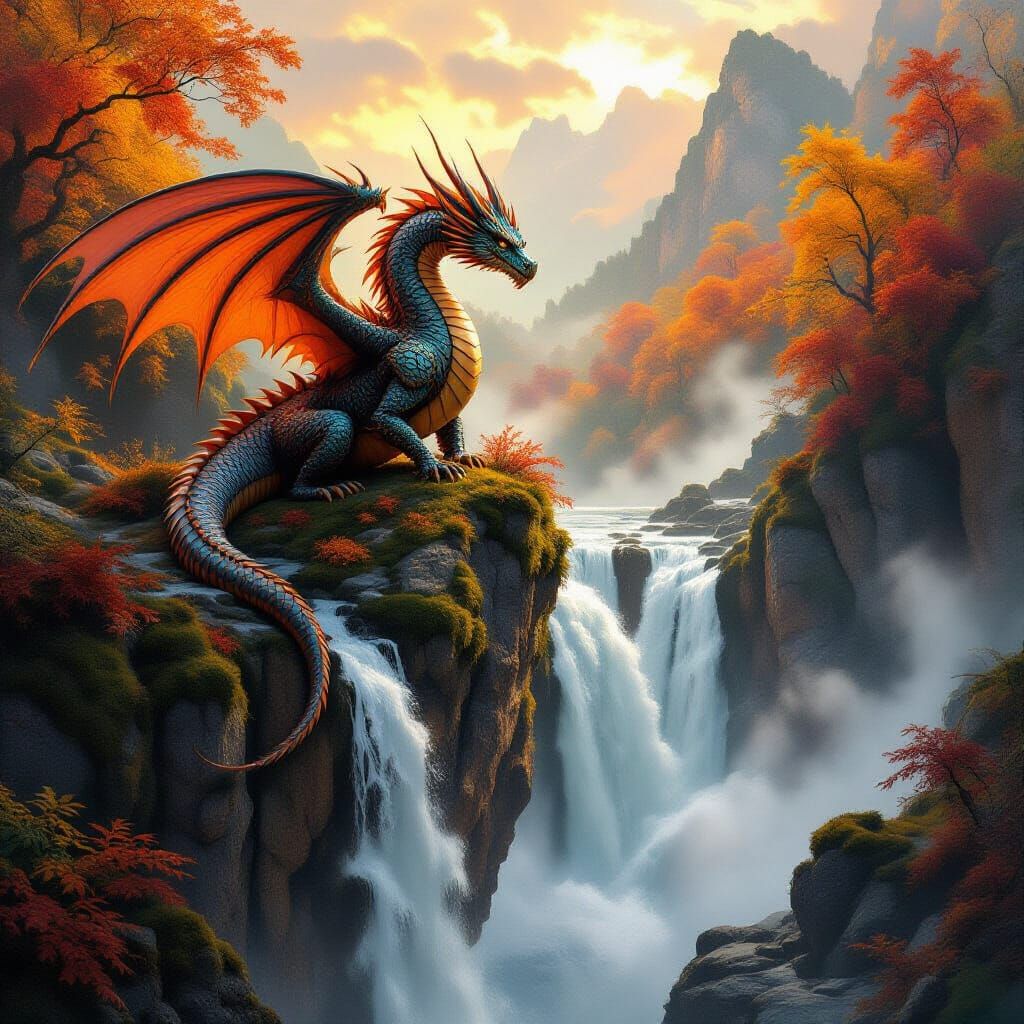 Majestic Autumn Dragon Overlooking Waterfall