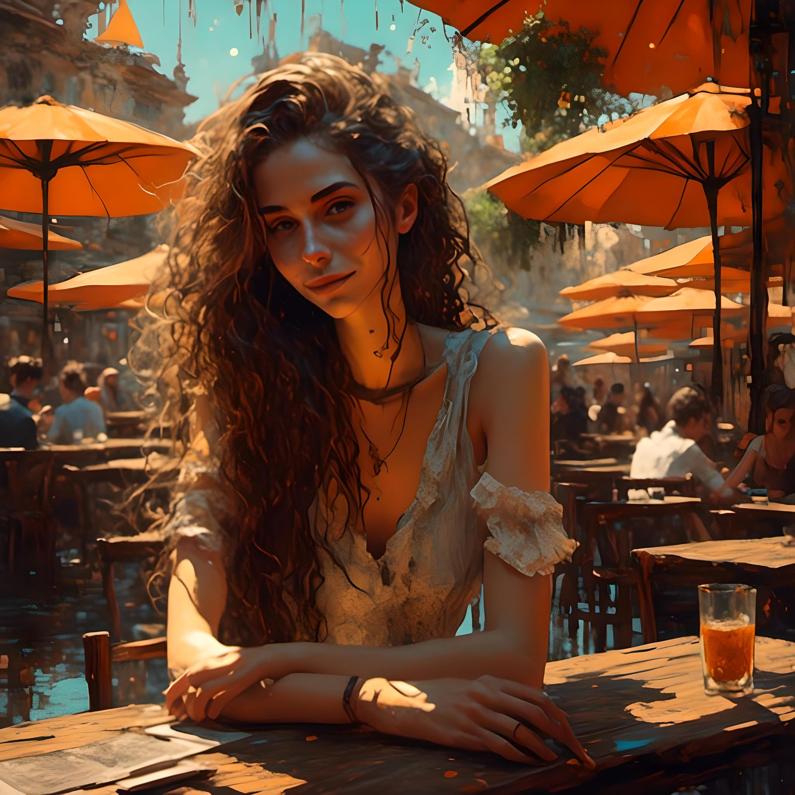 Smiling Woman in Sunlit Cafe with Drink