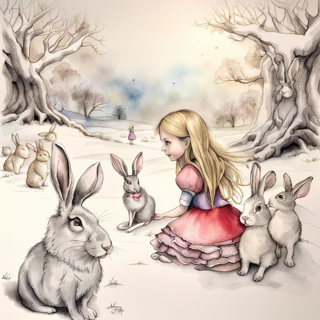 Alice in Wonderland: Snow Scene in Watercolor Style