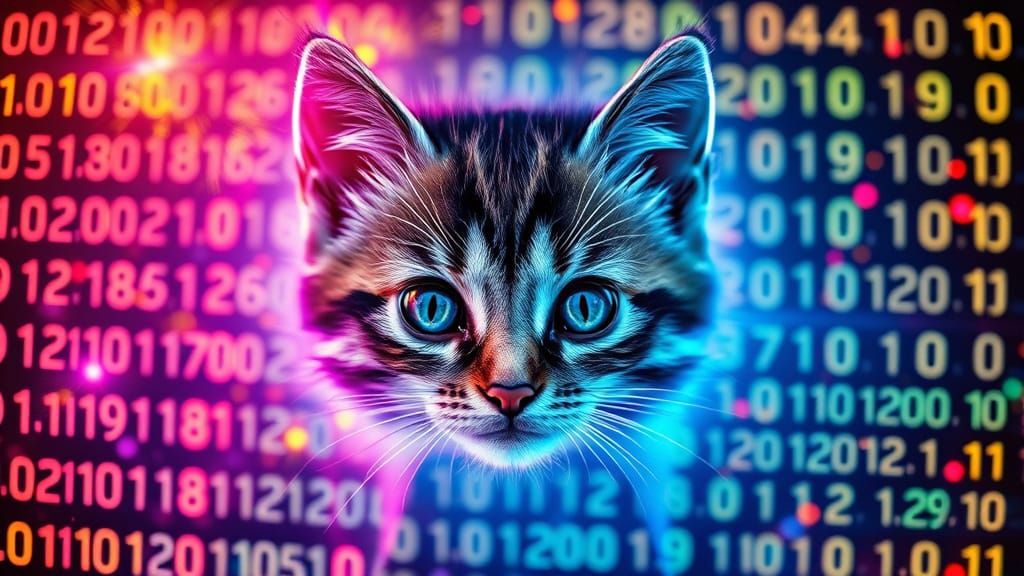 Cute Kitten Face Emerges from Digital Matrix in Hyperrealism
