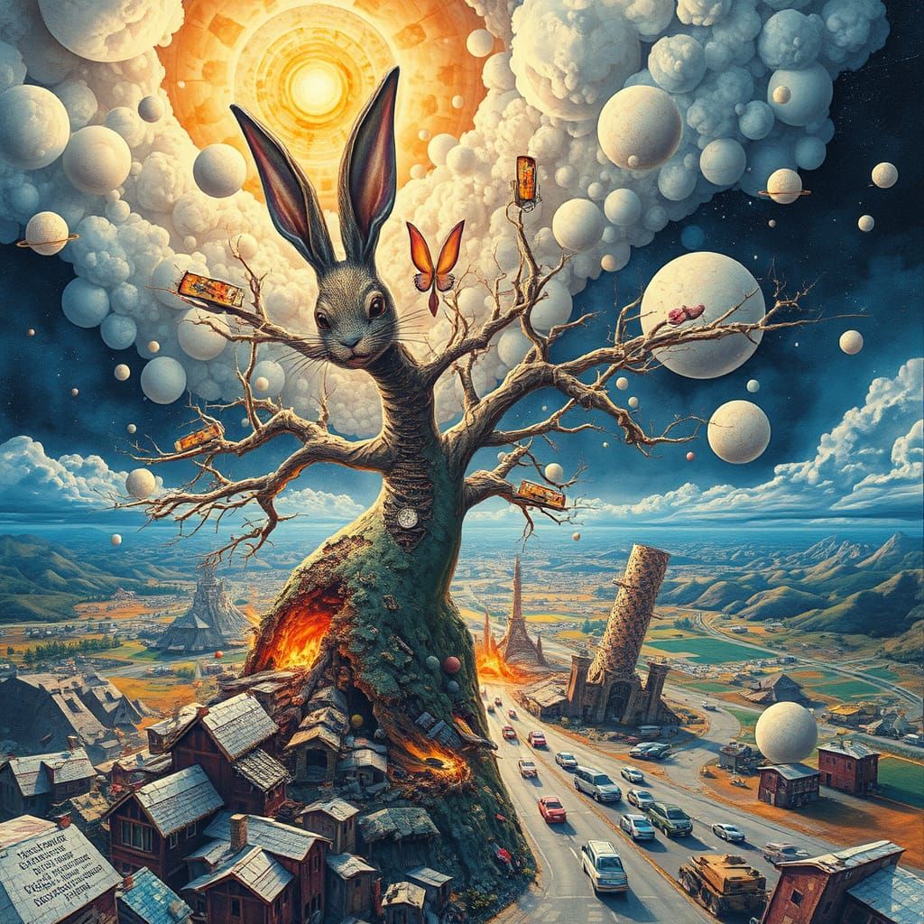 Surreal Fractal Bunny Tree Airport in Watercolor Impressioni...