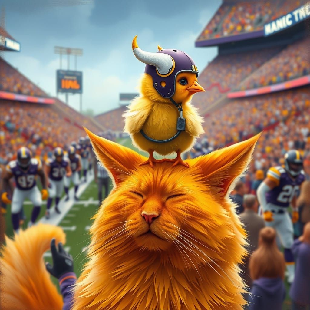 Vikings Fans, a Chick, and a Cat Celebrate on the Field