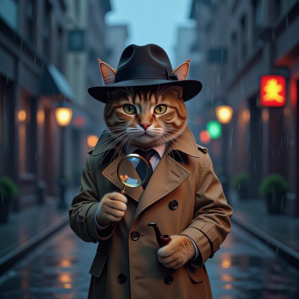 Ginger Cat Detective in Film Noir Cityscape